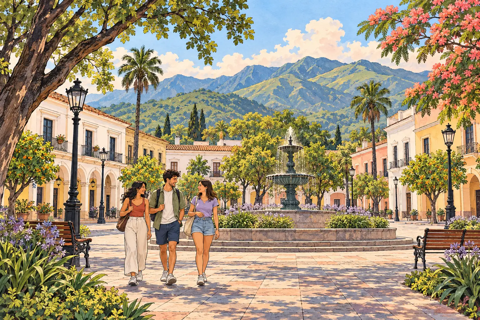 A hand-drawn view of San Miguel de Tucumán, with local streets, greenery and young adults together.