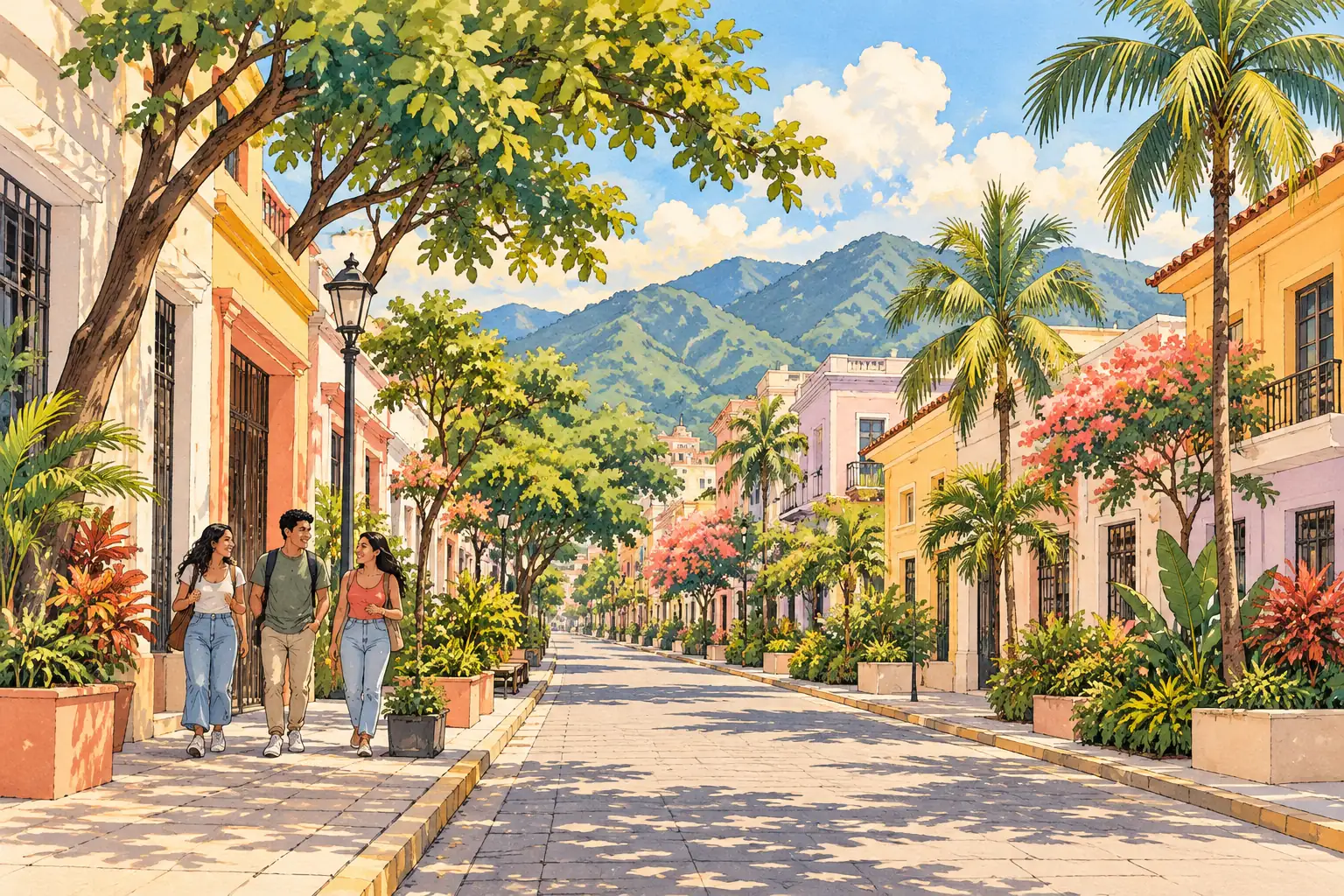 A hand-drawn San Pedro Sula neighborhood with young adults walking beneath palms toward green foothills.