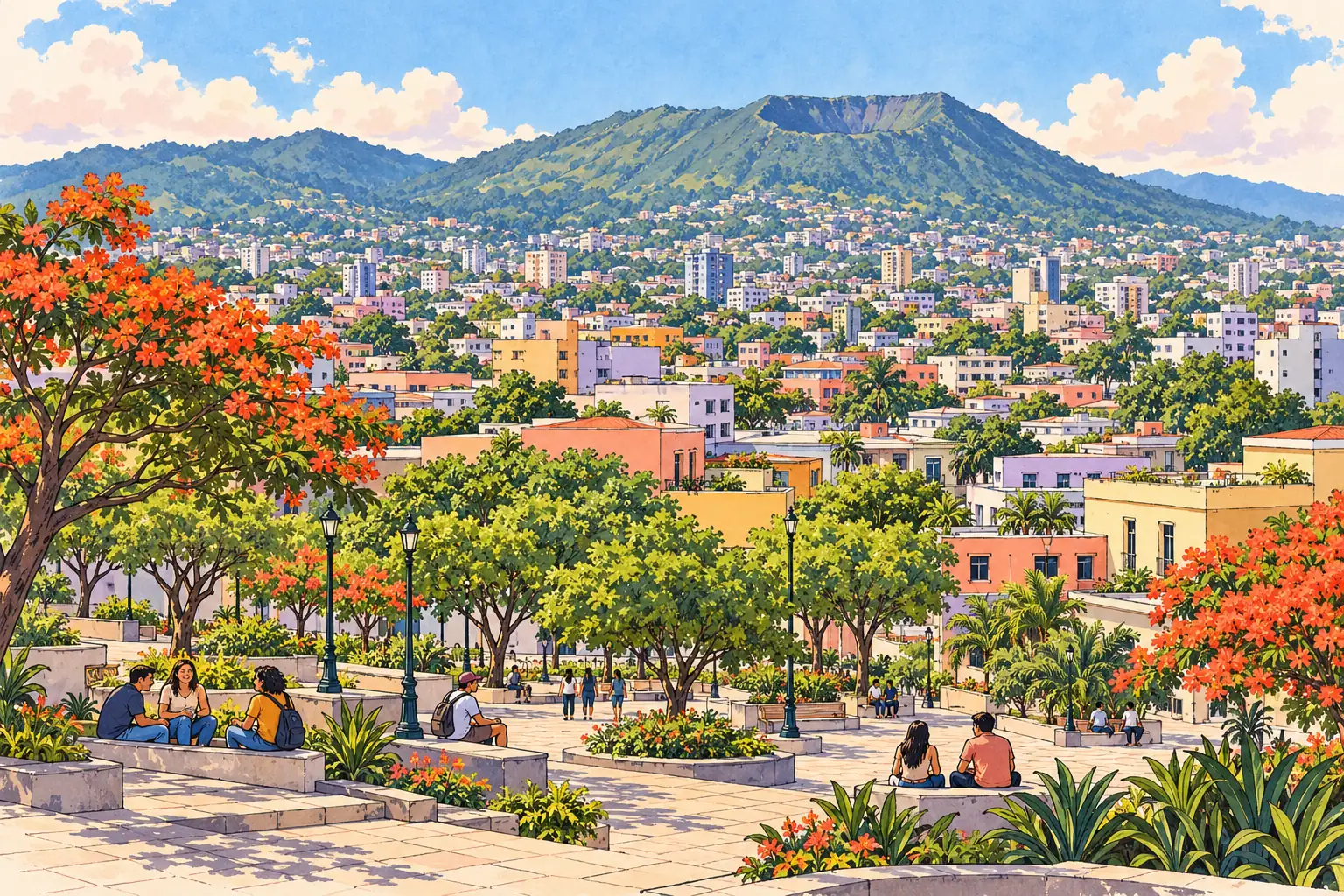 A hand-drawn regional view of San Salvador beneath the San Salvador Volcano.
