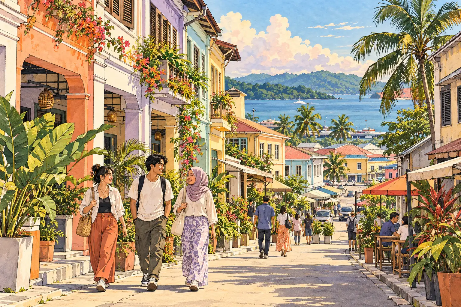 A hand-drawn Sandakan streetscape with tropical shophouses, palms, a coastal view and young adults walking together.