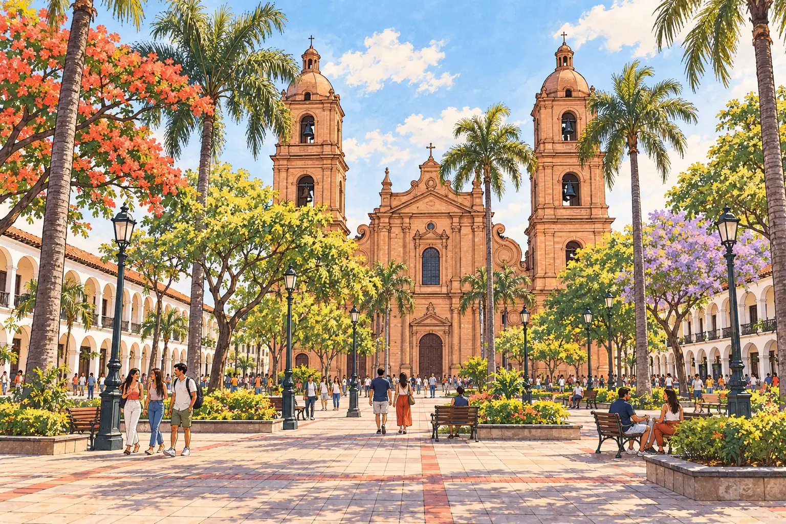 A hand-drawn view of Plaza 24 de Septiembre and the twin towers of Santa Cruz Cathedral.
