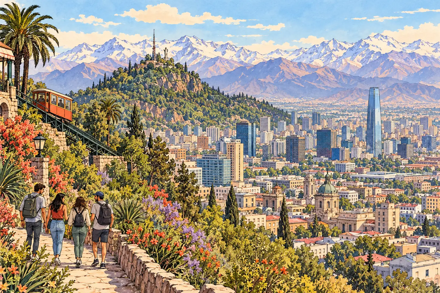 A hand-drawn Santiago cityscape with Cerro San Cristóbal, its funicular and the Andes.