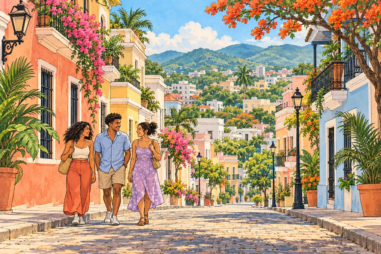 A hand-drawn view of Santiago de los Caballeros, with local streets, greenery and young adults together.