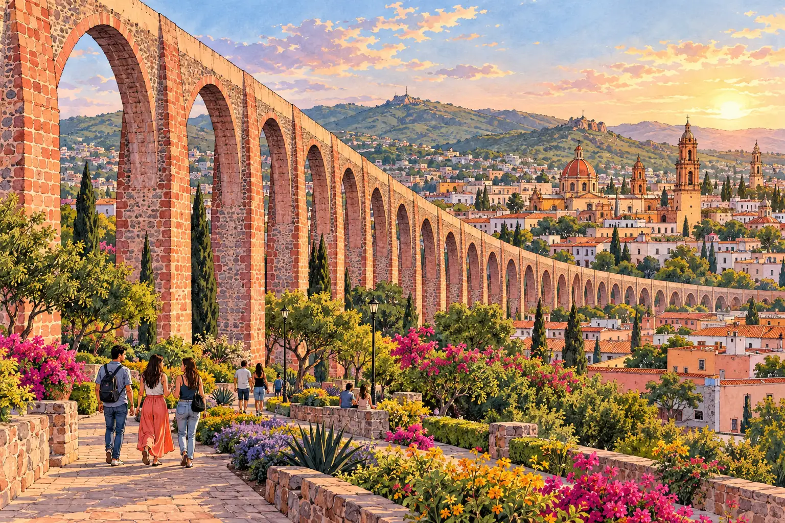 A hand-drawn view of the pink-stone Querétaro Aqueduct leading toward the historic city, with young adults walking in the gardens.