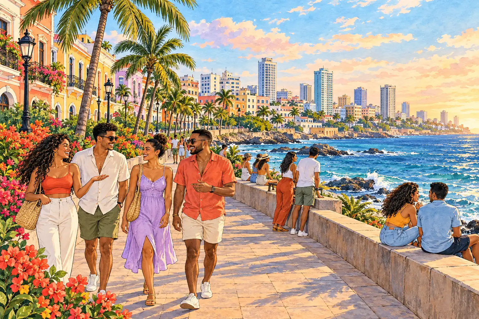 A hand-drawn generic view of Santo Domingo, with a palm-lined Caribbean waterfront and young adults enjoying the promenade.