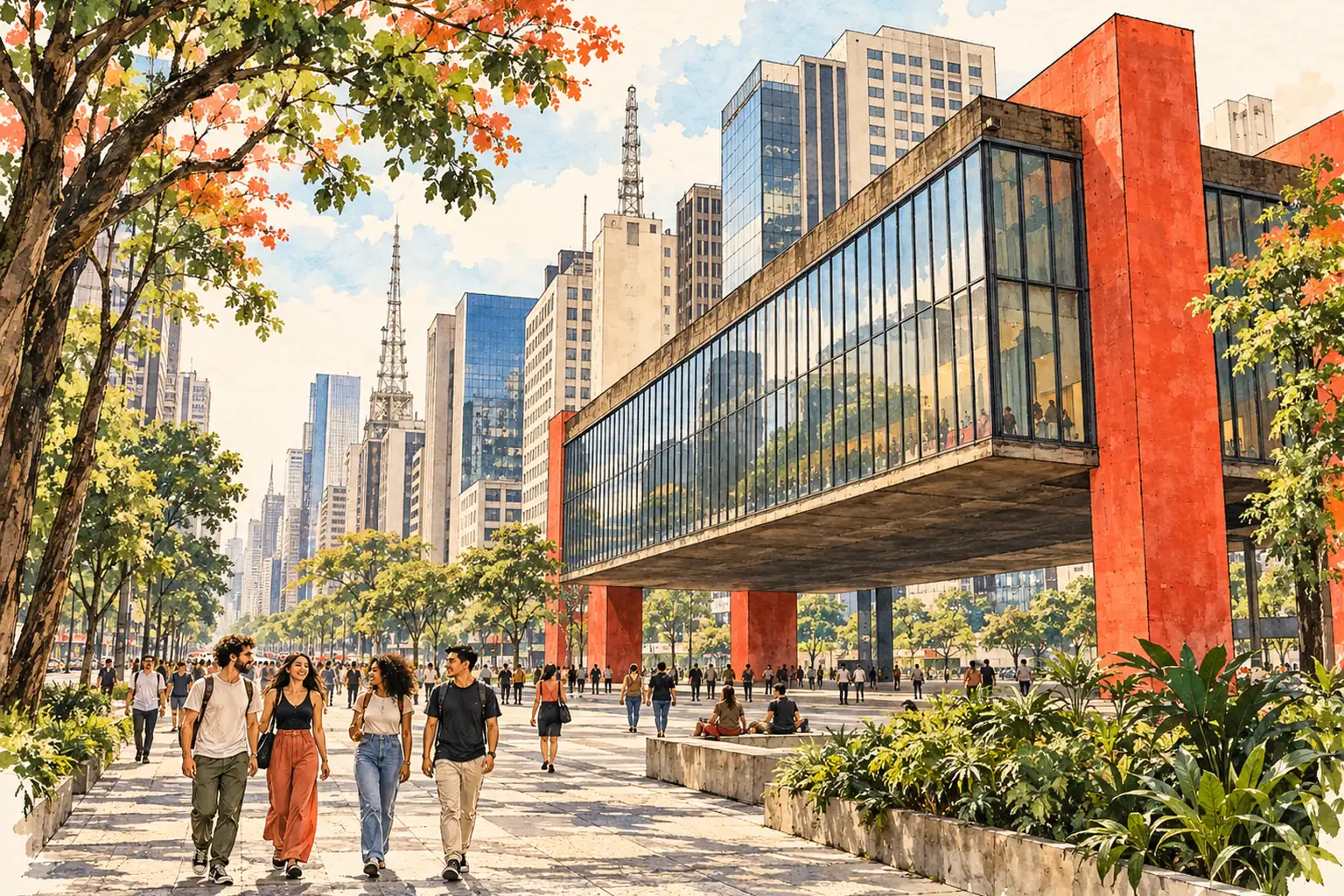 A hand-drawn view of São Paulo’s Paulista Avenue and MASP museum, with young adults walking among leafy city blocks.