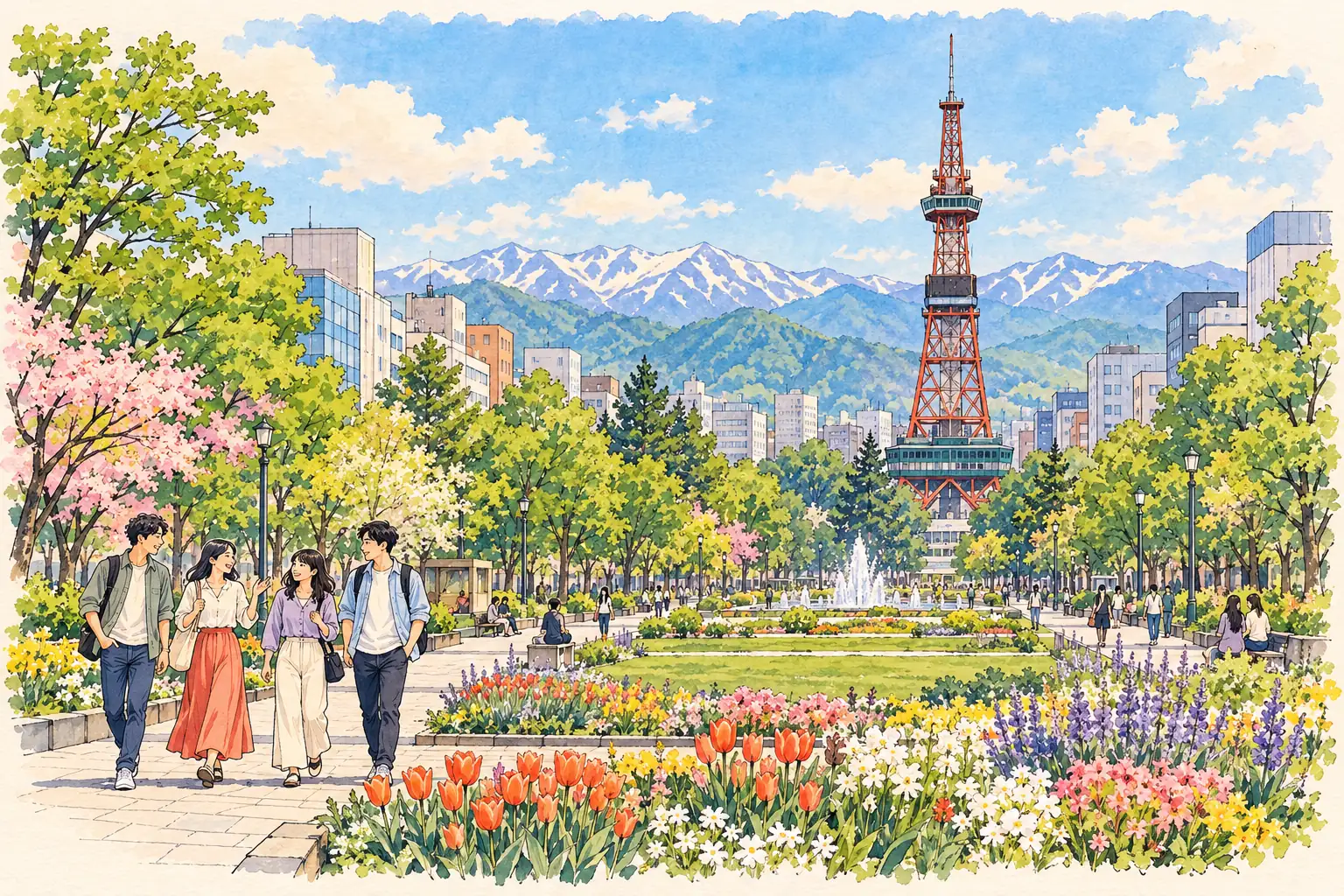 A hand-drawn view of Sapporo TV Tower in Odori Park with Hokkaido mountains and young adults walking.