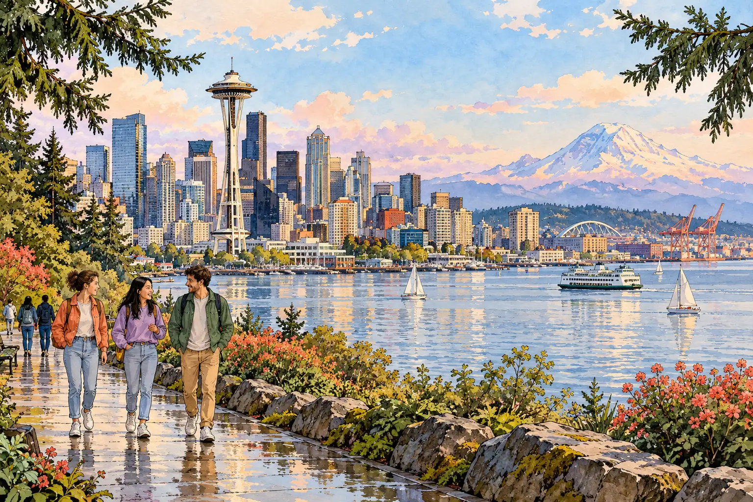A hand-drawn Seattle waterfront with the Space Needle and Mount Rainier beyond the skyline.