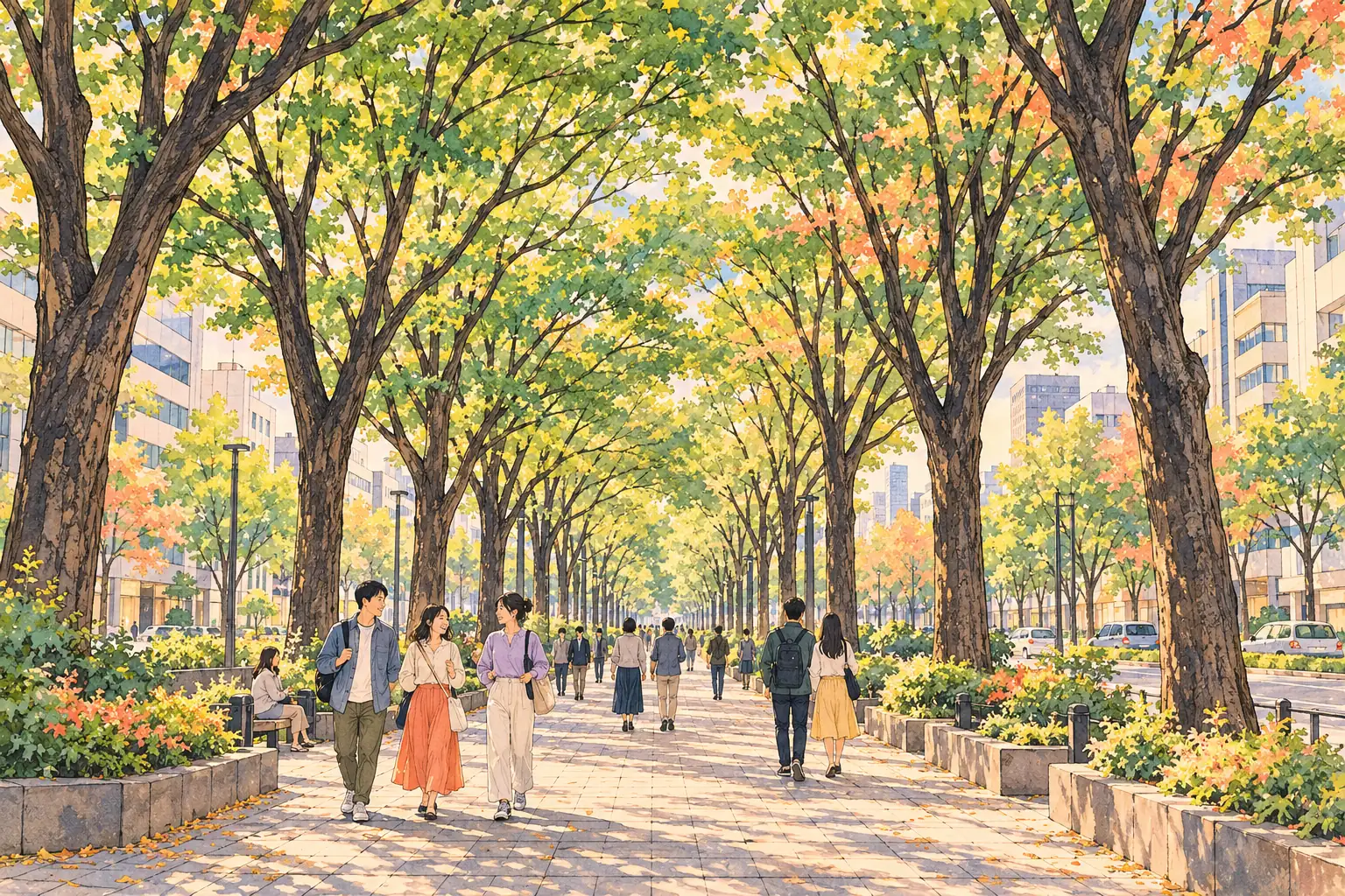 A hand-drawn view of a tree-lined Sendai avenue, with young adults walking beneath its leafy canopy.