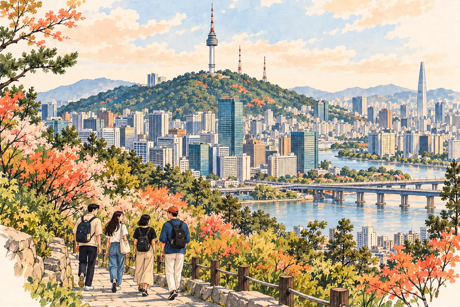 A hand-drawn view of Seoul with N Seoul Tower above Namsan and young adults walking along a park path.