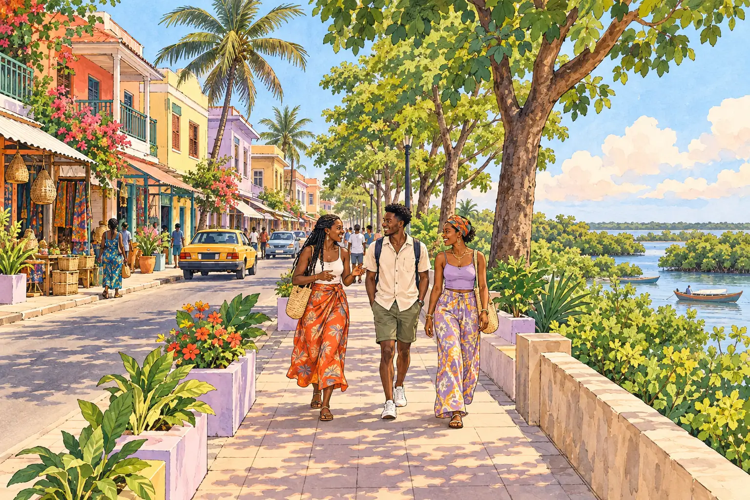 A hand-drawn view of Serekunda, with local streets, greenery and young adults together.