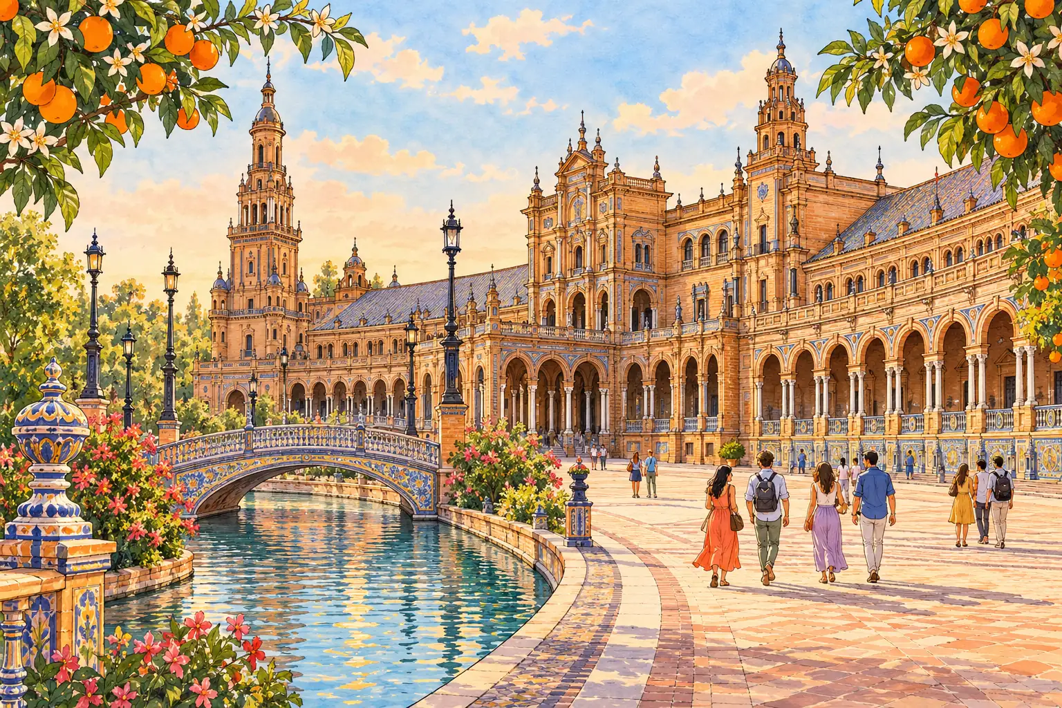 A hand-drawn view of Plaza de España’s arcades, canal bridge and orange trees.