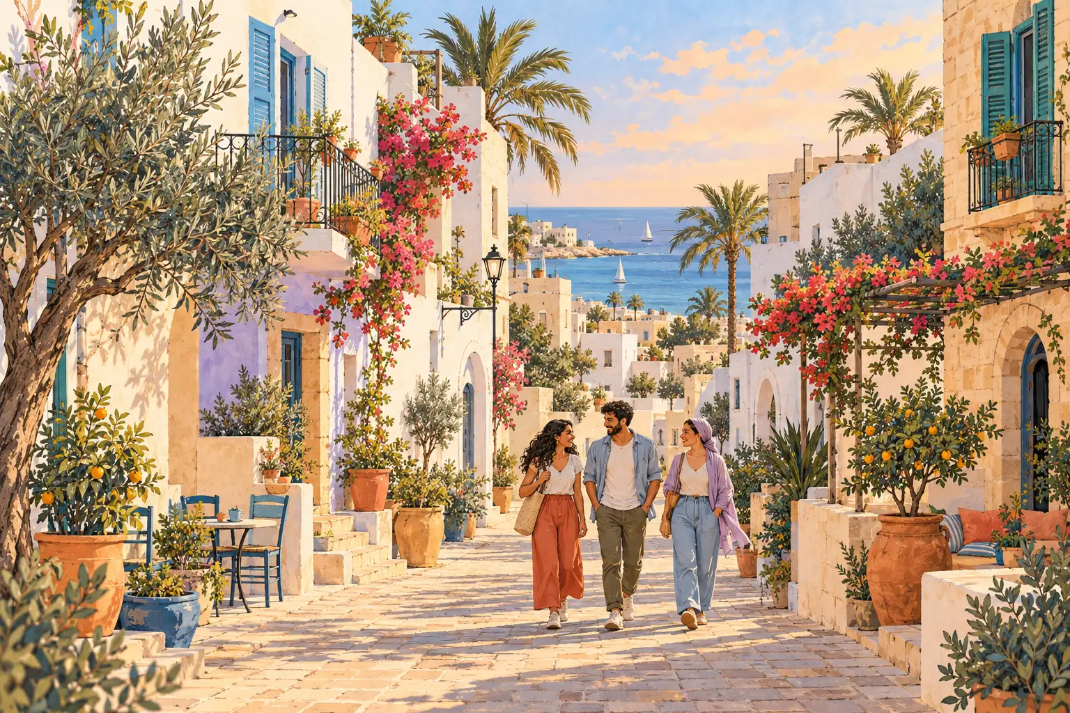 A hand-drawn Sfax streetscape with whitewashed homes, blue shutters, palms and young adults walking together.
