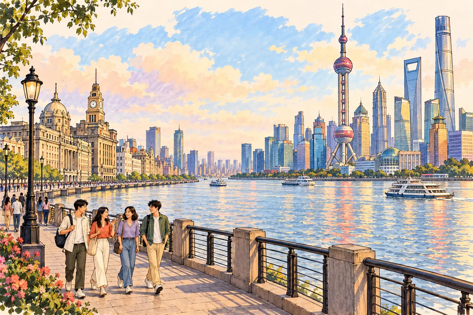 A hand-drawn view of Shanghai’s Bund and Oriental Pearl Tower across the Huangpu River, with young adults nearby.