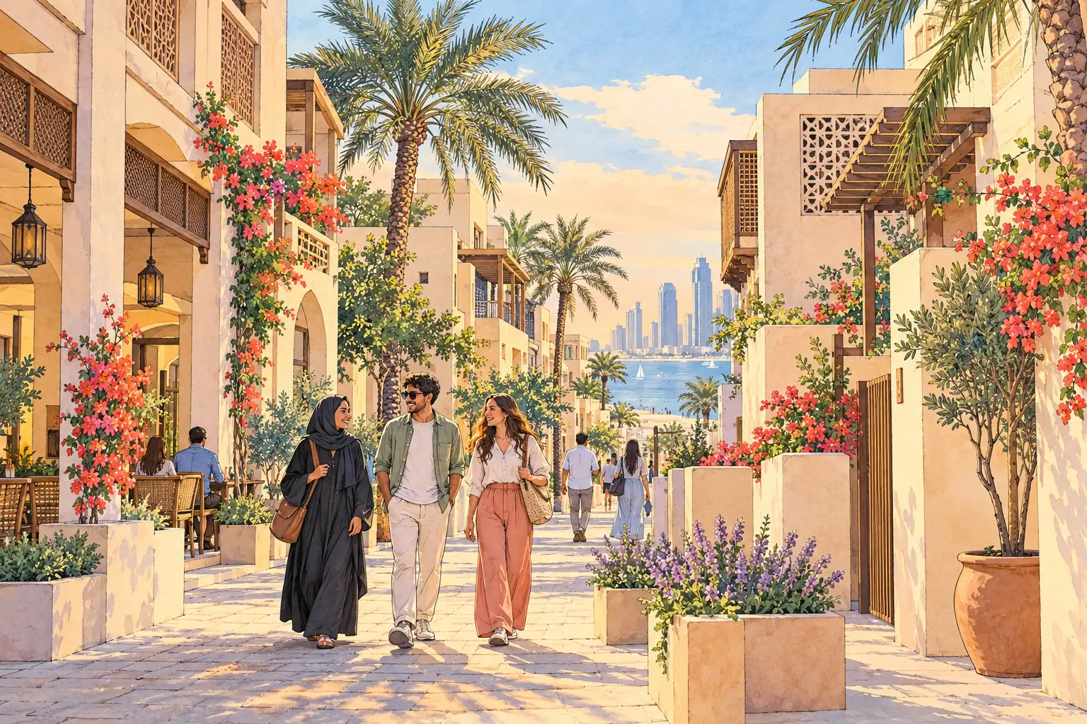 A hand-drawn Sharjah streetscape with shaded Gulf-style homes, date palms, a waterfront glimpse and young adults walking together.