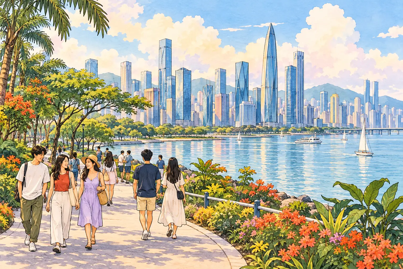 A hand-drawn generic view of Shenzhen, with a subtropical waterfront park, bay and modern skyline.