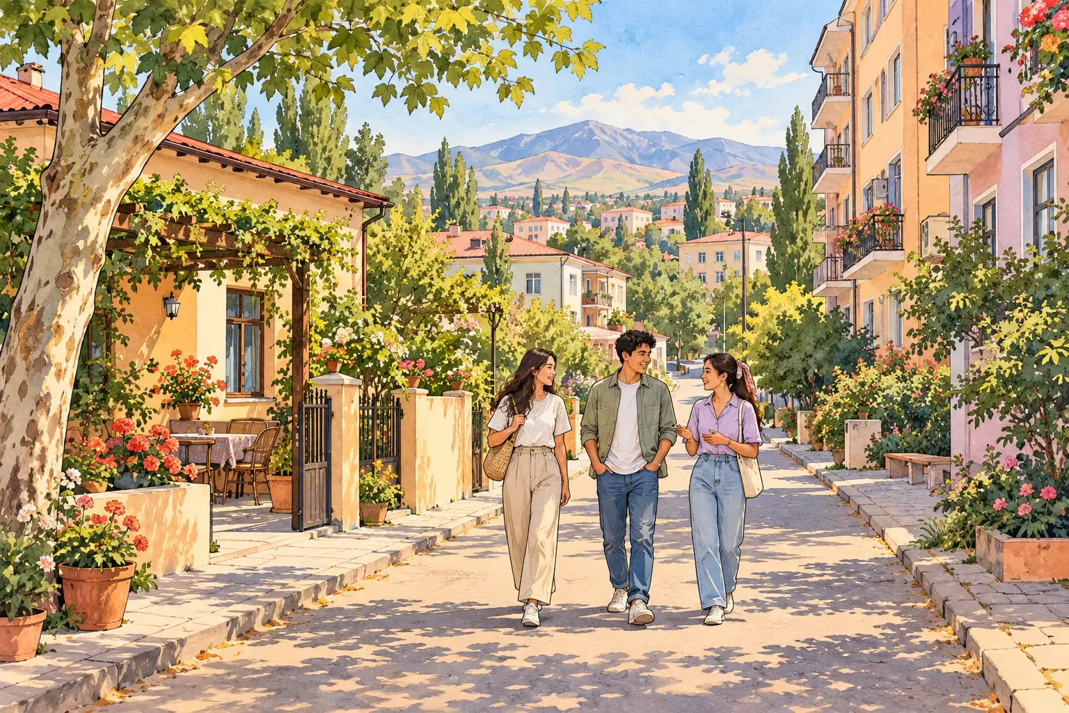 A hand-drawn view of Shymkent, with local streets, greenery and young adults together.
