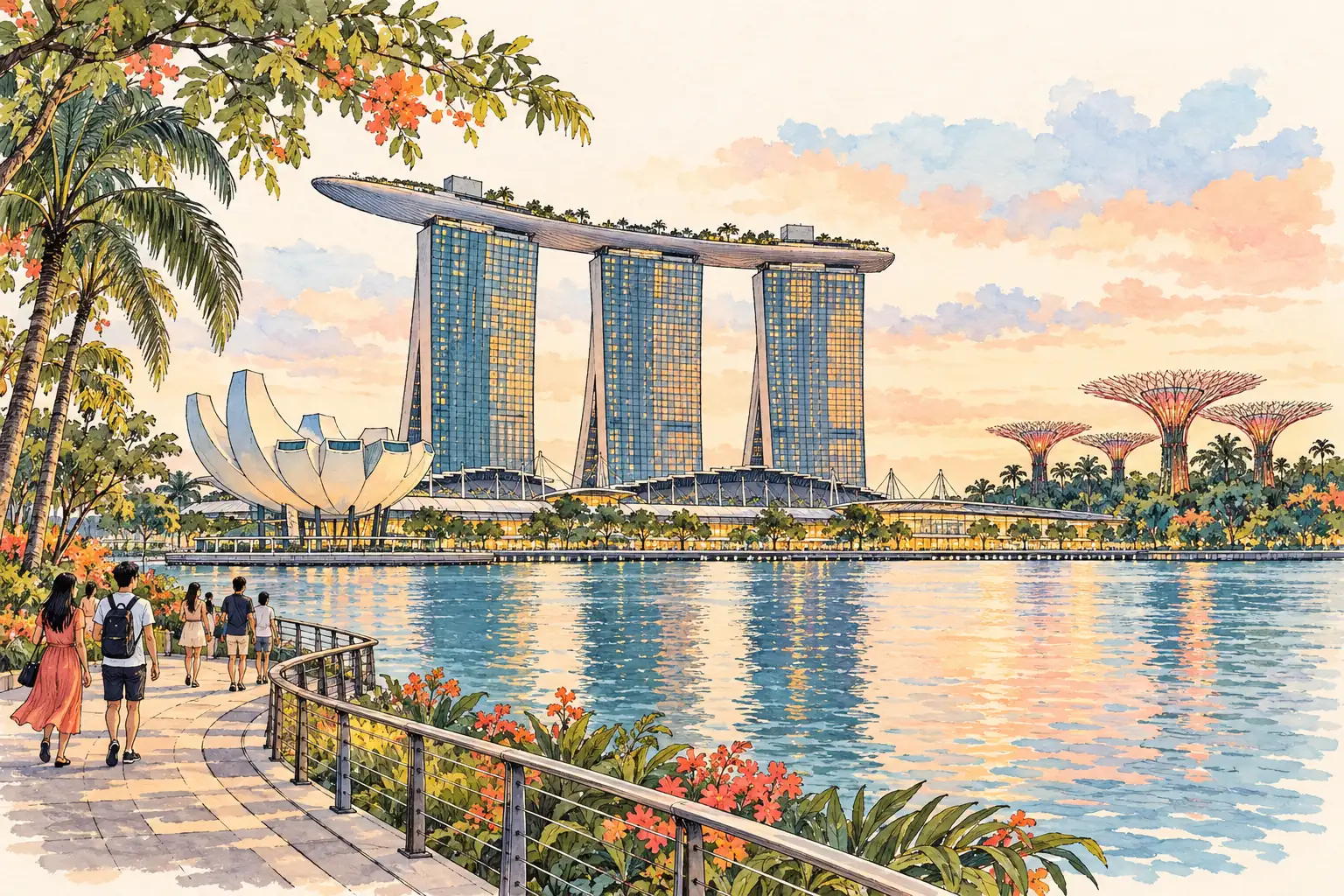 A hand-drawn view of Singapore, with local streets, greenery and young adults together.