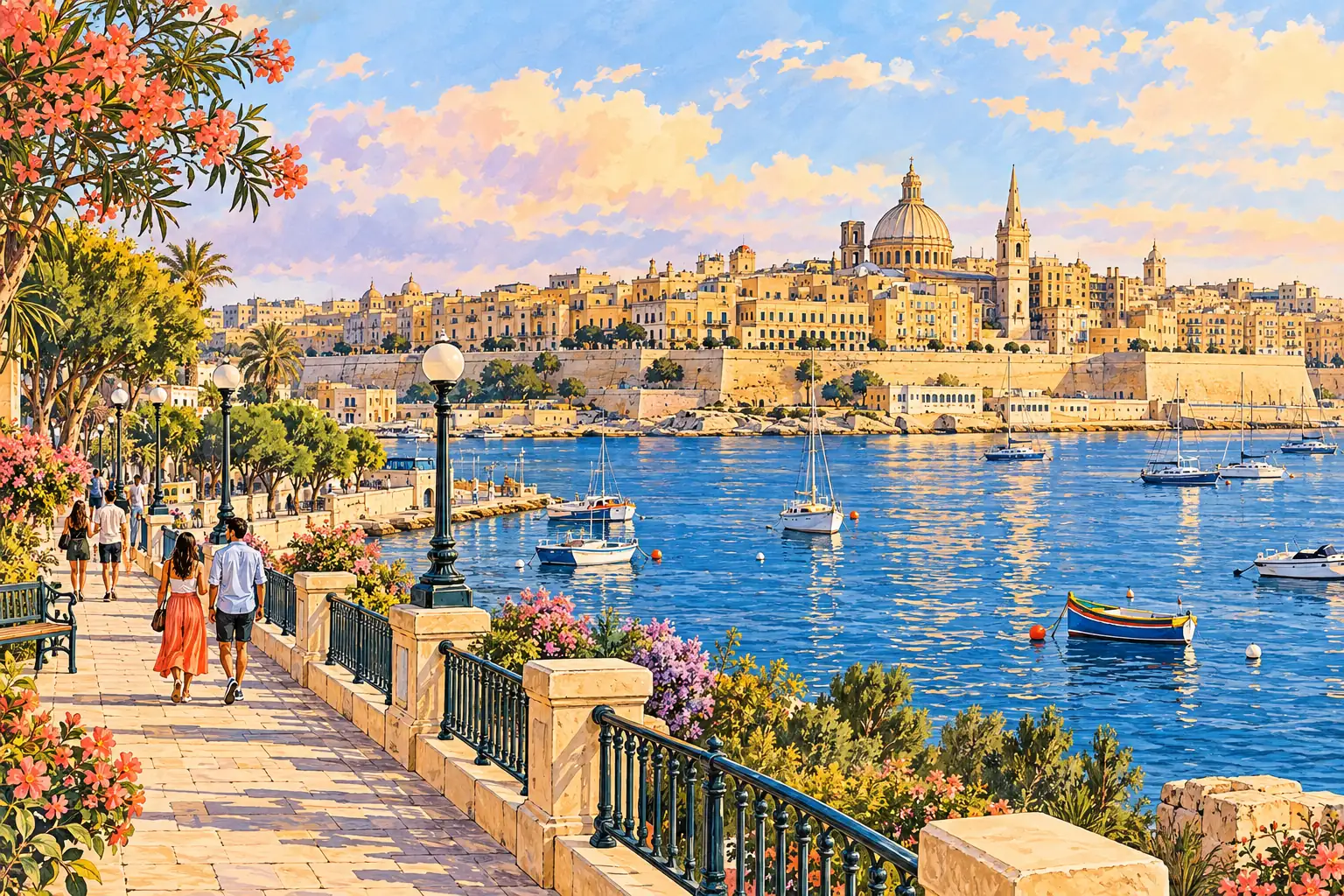 A hand-drawn view from Sliema’s limestone promenade across Marsamxett Harbour to Valletta, with young adults walking along the shore.