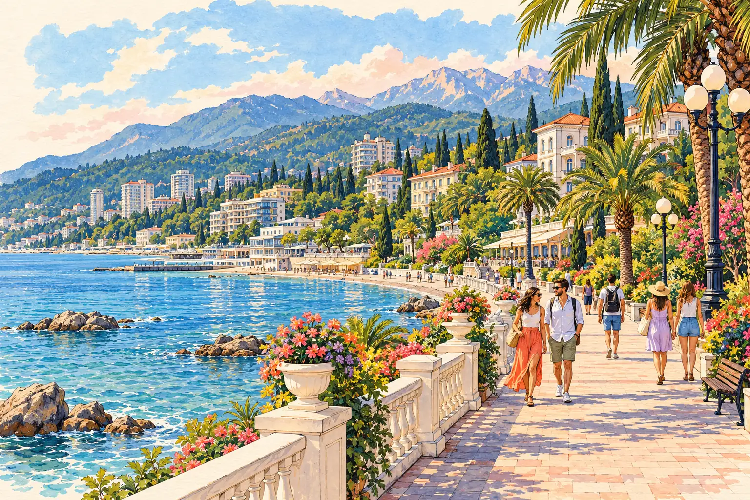 A hand-drawn generic Black Sea promenade in Sochi beneath the Caucasus foothills.