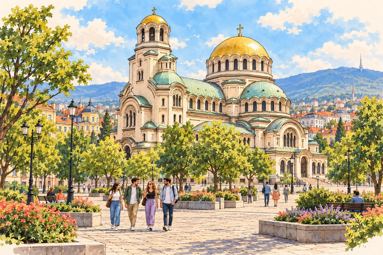 A hand-drawn view of Sofia’s St Alexander Nevsky Cathedral, with young adults walking across the leafy square.