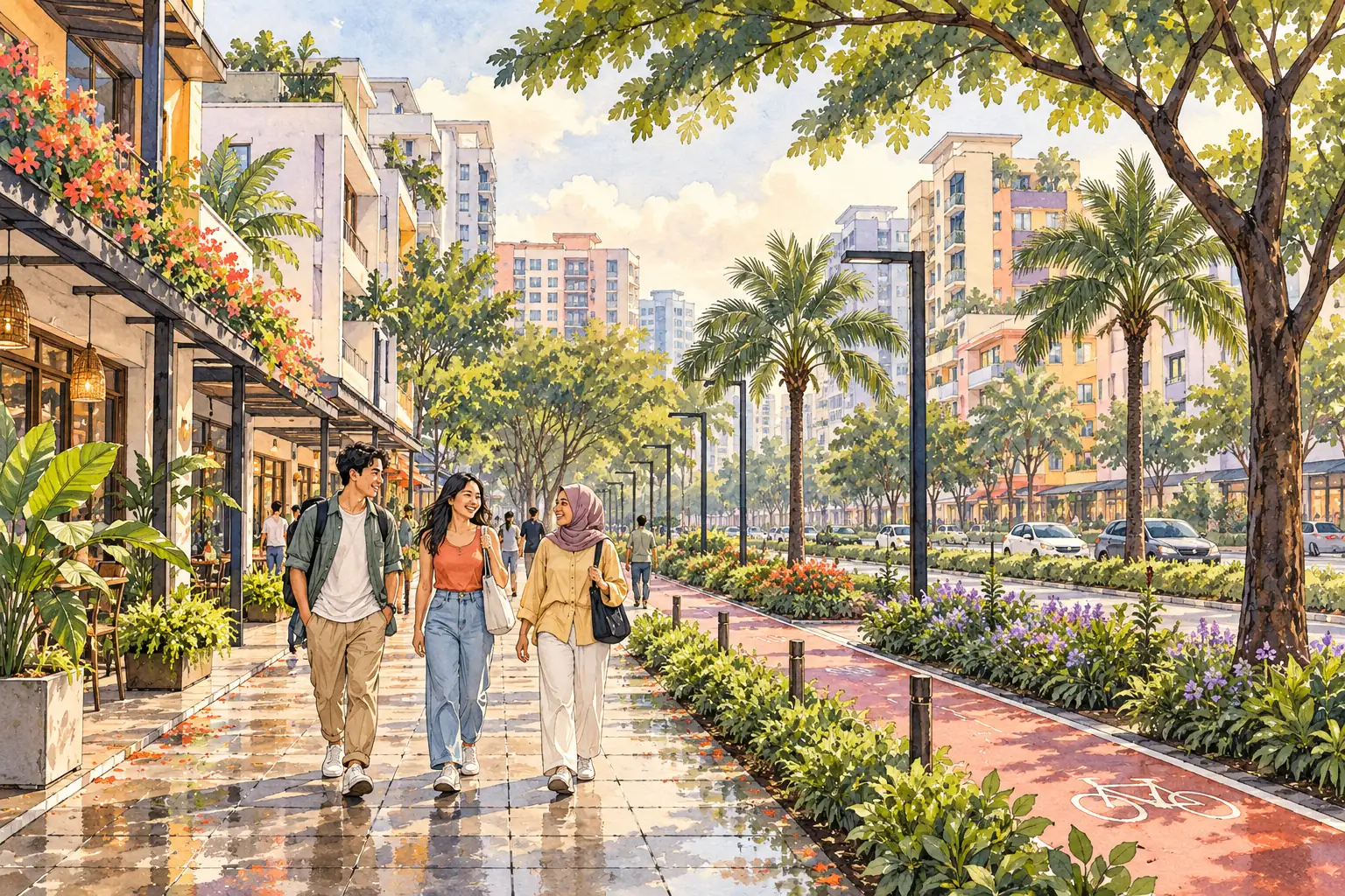 A hand-drawn South Tangerang streetscape with modern low-rise buildings, a shaded green sidewalk and young adults walking together.