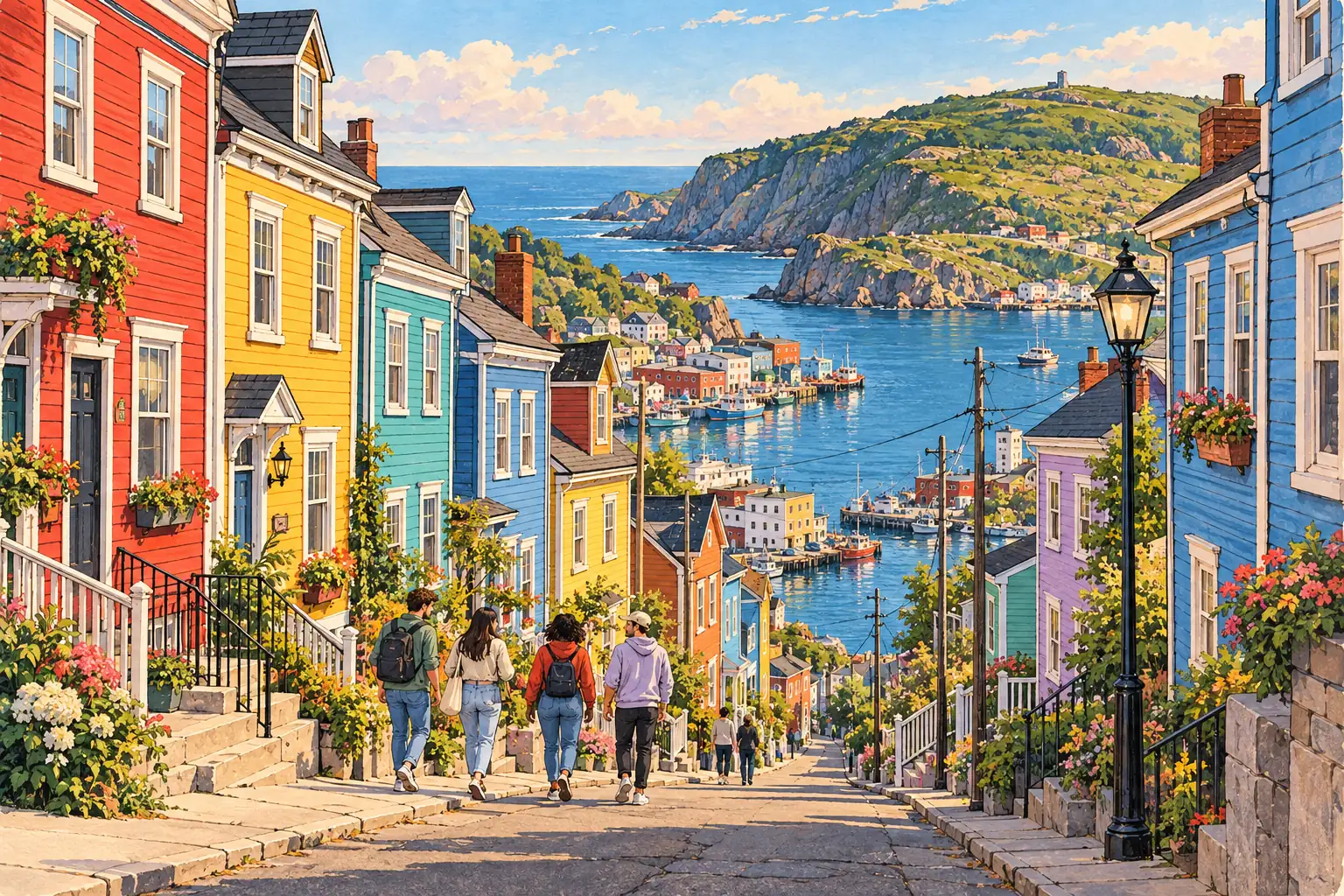 A hand-drawn view of St. John’s colorful hillside houses above its Atlantic harbor.