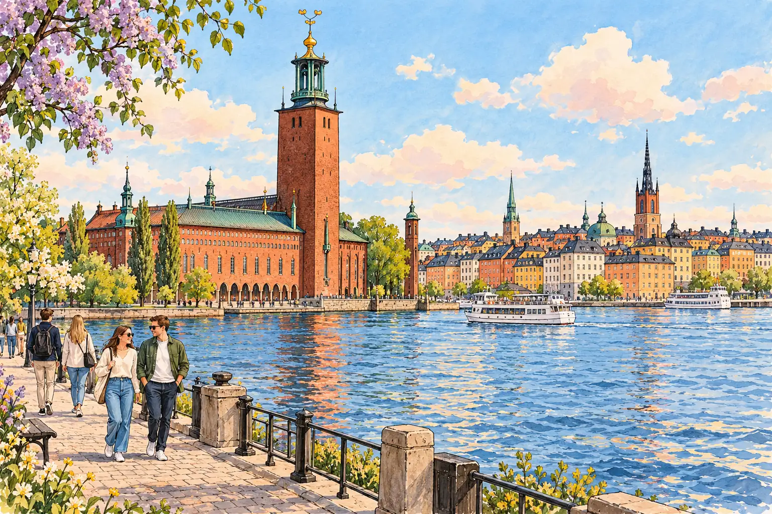 A hand-drawn view of Stockholm City Hall by Lake Mälaren, with Gamla Stan rooftops across the water.
