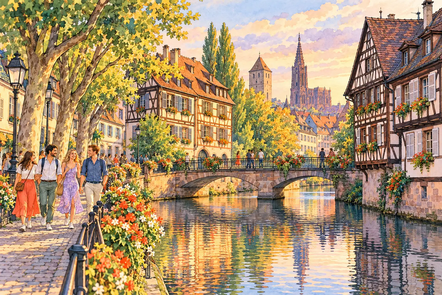 A hand-drawn view of Strasbourg’s Petite France, with half-timbered houses beside a canal and young adults strolling along the water.