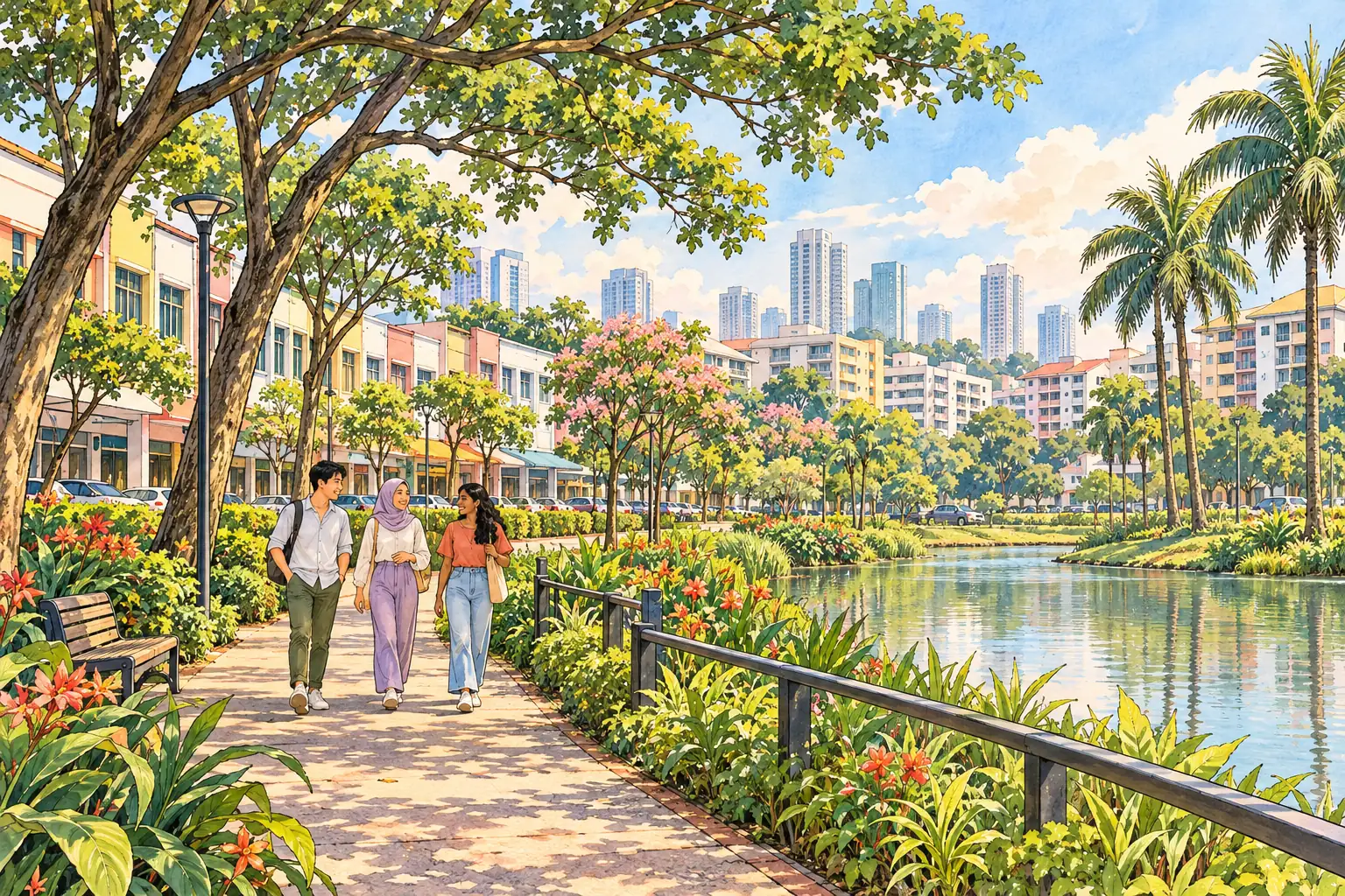 A hand-drawn Subang Jaya neighborhood with young adults walking along a tropical park path beside the city.
