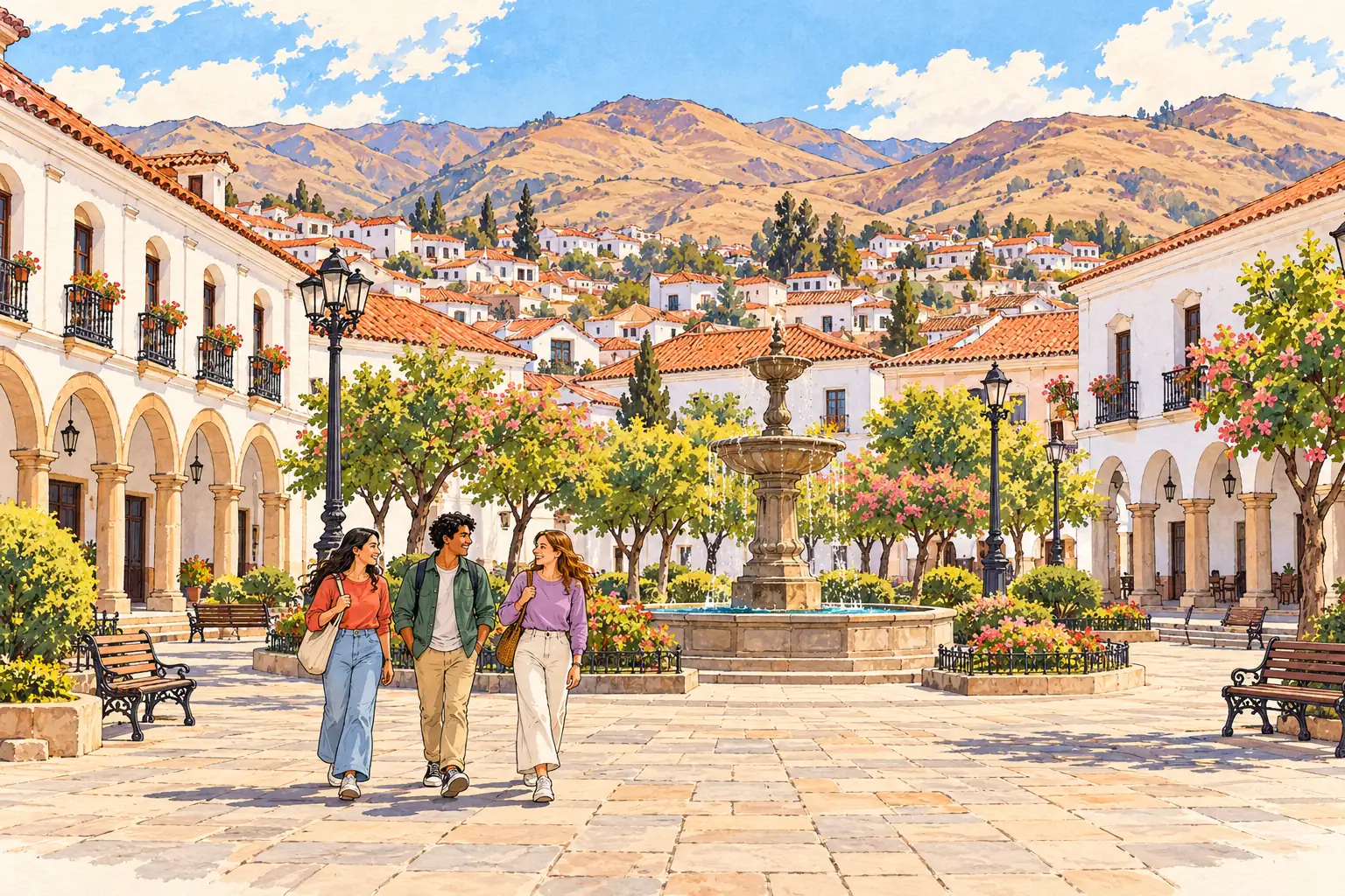 A hand-drawn view of Sucre, with local streets, greenery and young adults together.