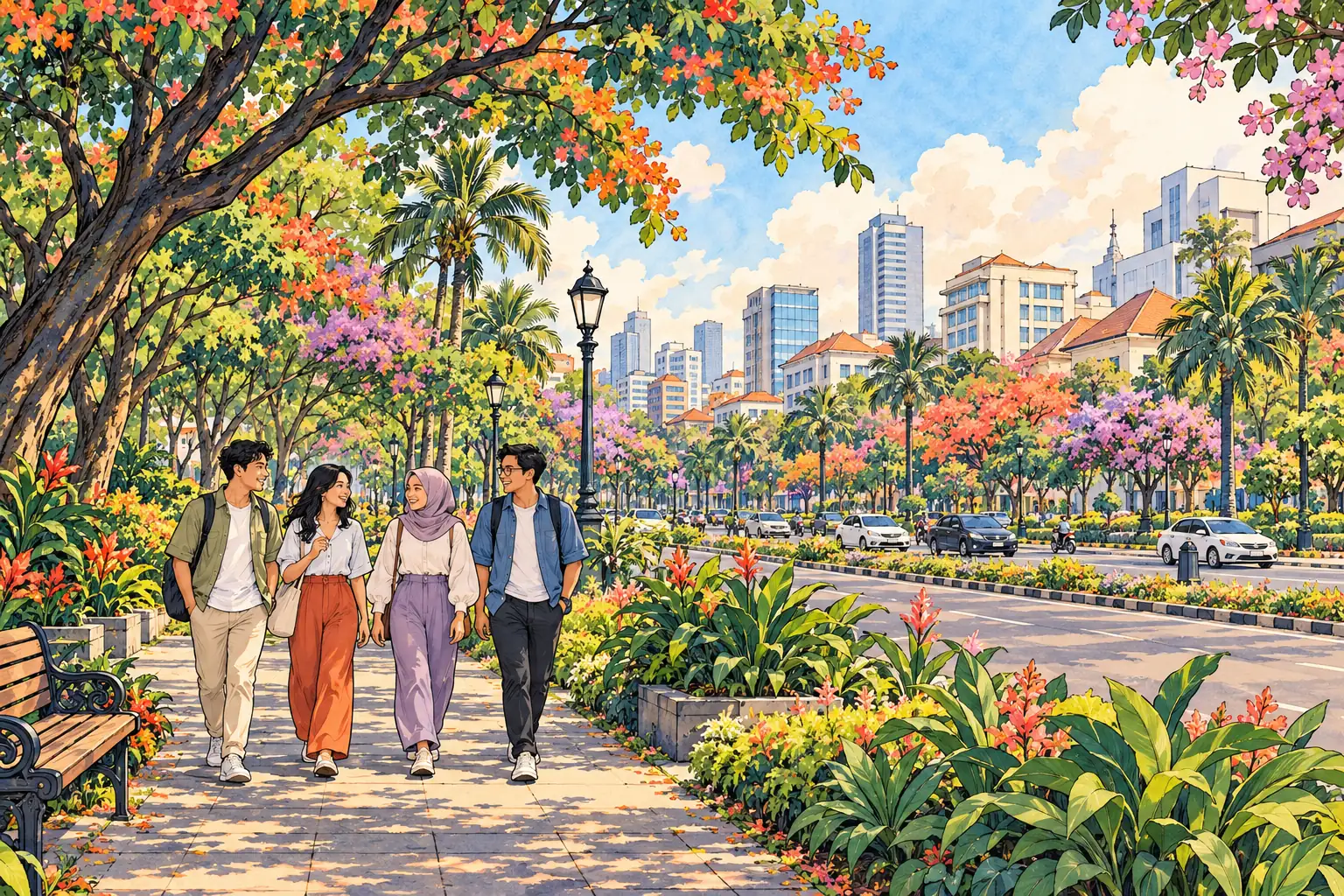 A hand-drawn view of Surabaya’s tropical park and modern skyline, with young adults walking together.