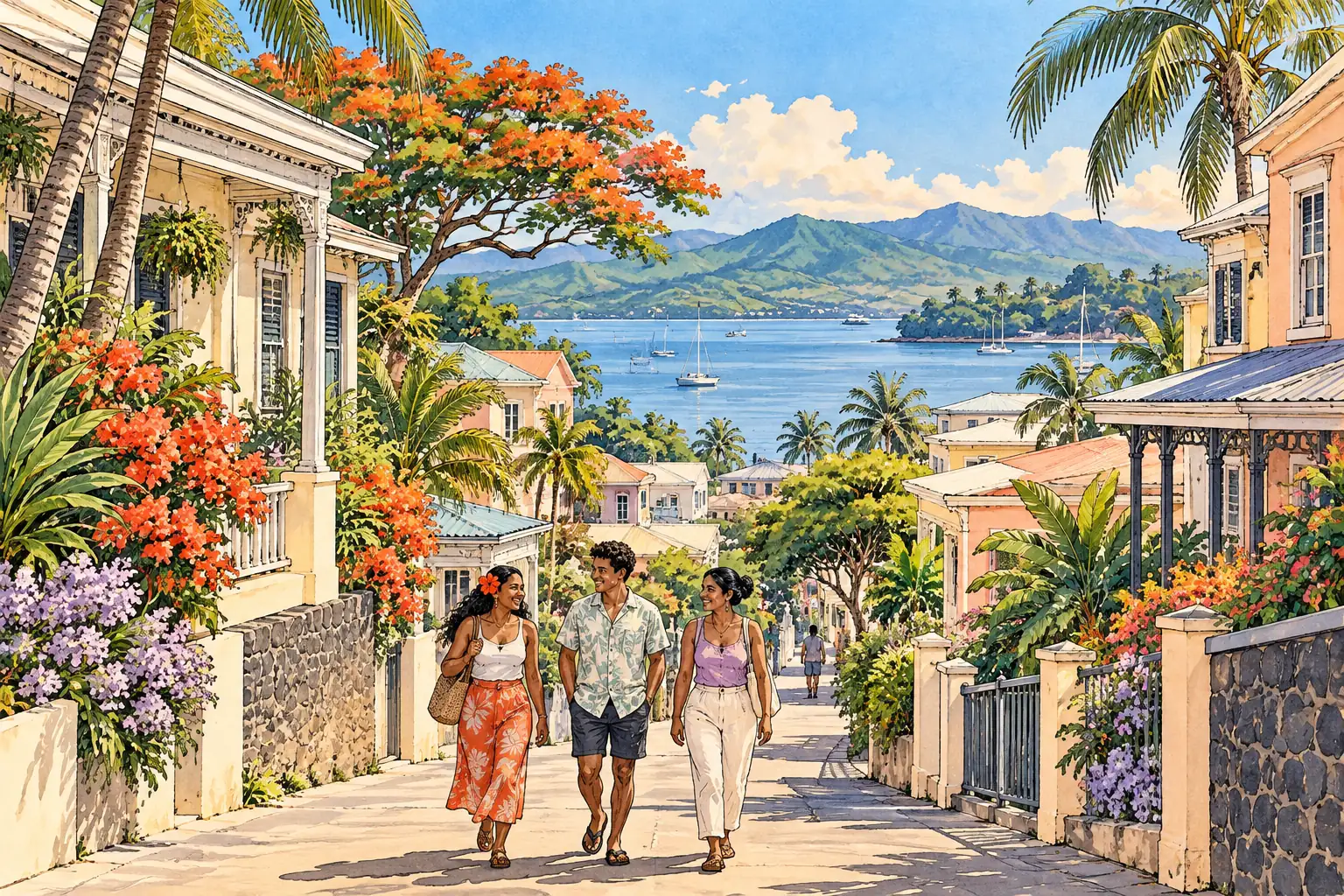 A hand-drawn Suva hillside lane with tropical gardens, low-rise buildings, harbor water and young adults walking together.