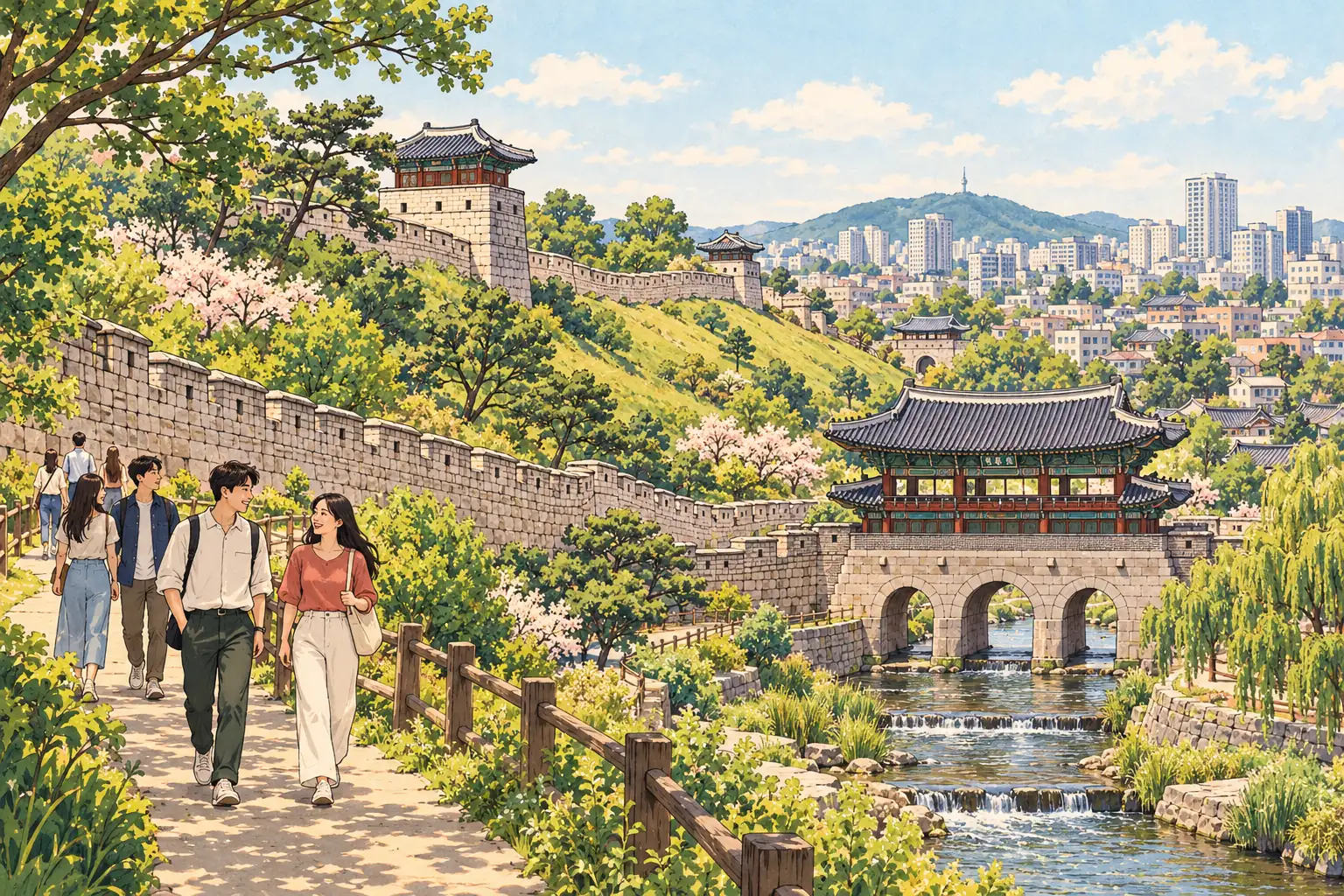 Young adults walk beside the Hwaseong Fortress wall and Hwahongmun water gate in Suwon.