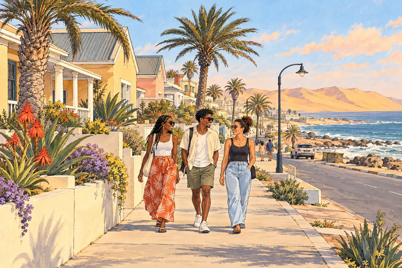 A hand-drawn Swakopmund streetscape with coastal homes, desert dunes, palms and young adults walking together.