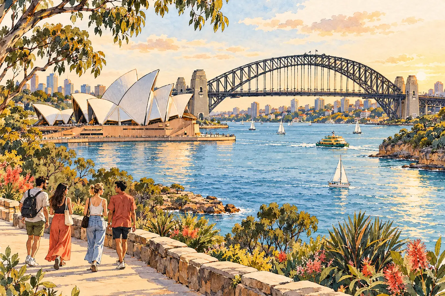 A hand-drawn Sydney Harbour view with the Opera House and Harbour Bridge, and young adults along the waterfront.