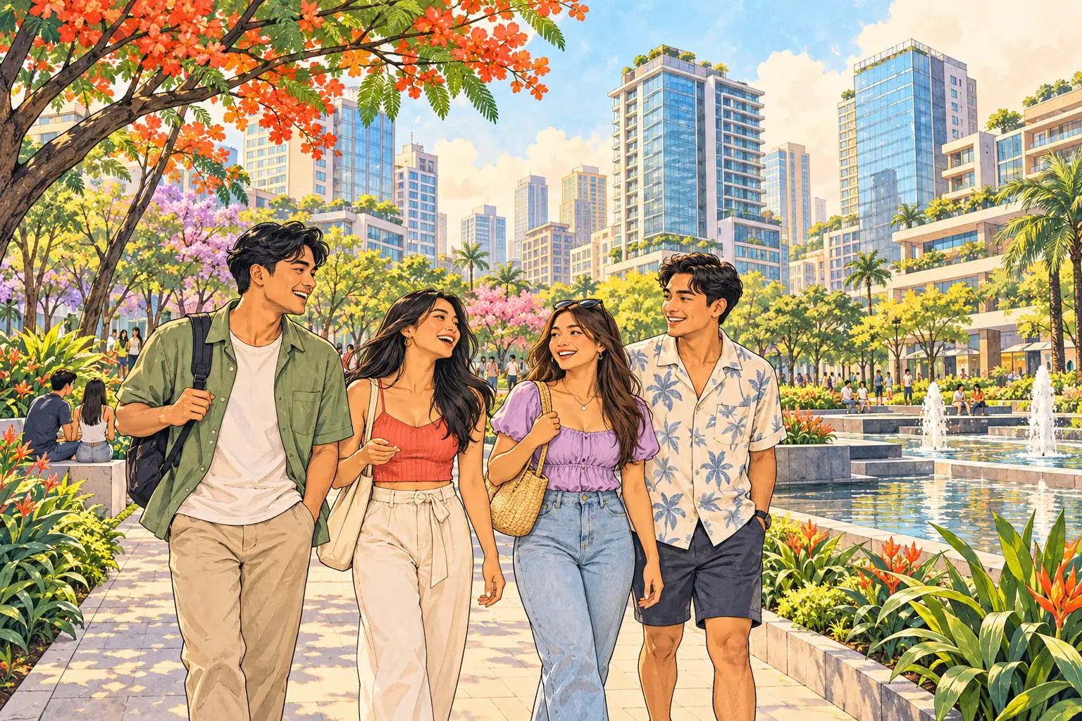 A hand-drawn generic view of Taguig, with a tropical urban park, modern towers and young adults spending time together.