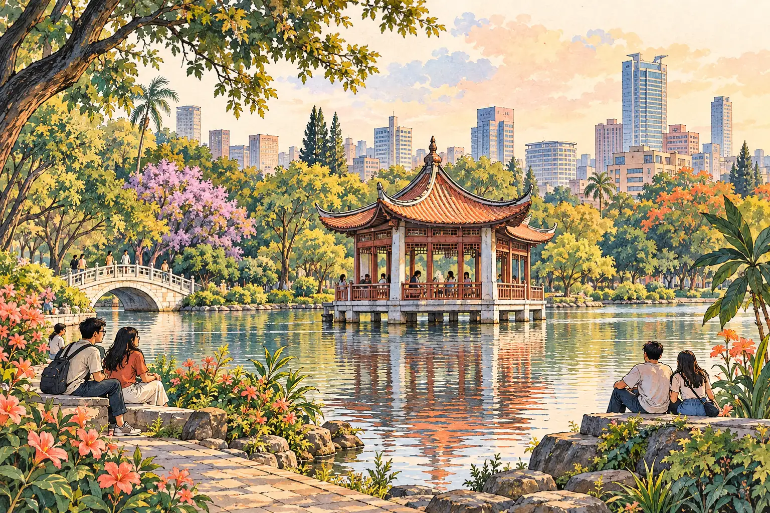 A hand-drawn view of Taichung Park’s Mid-Lake Pavilion and its garden lake.