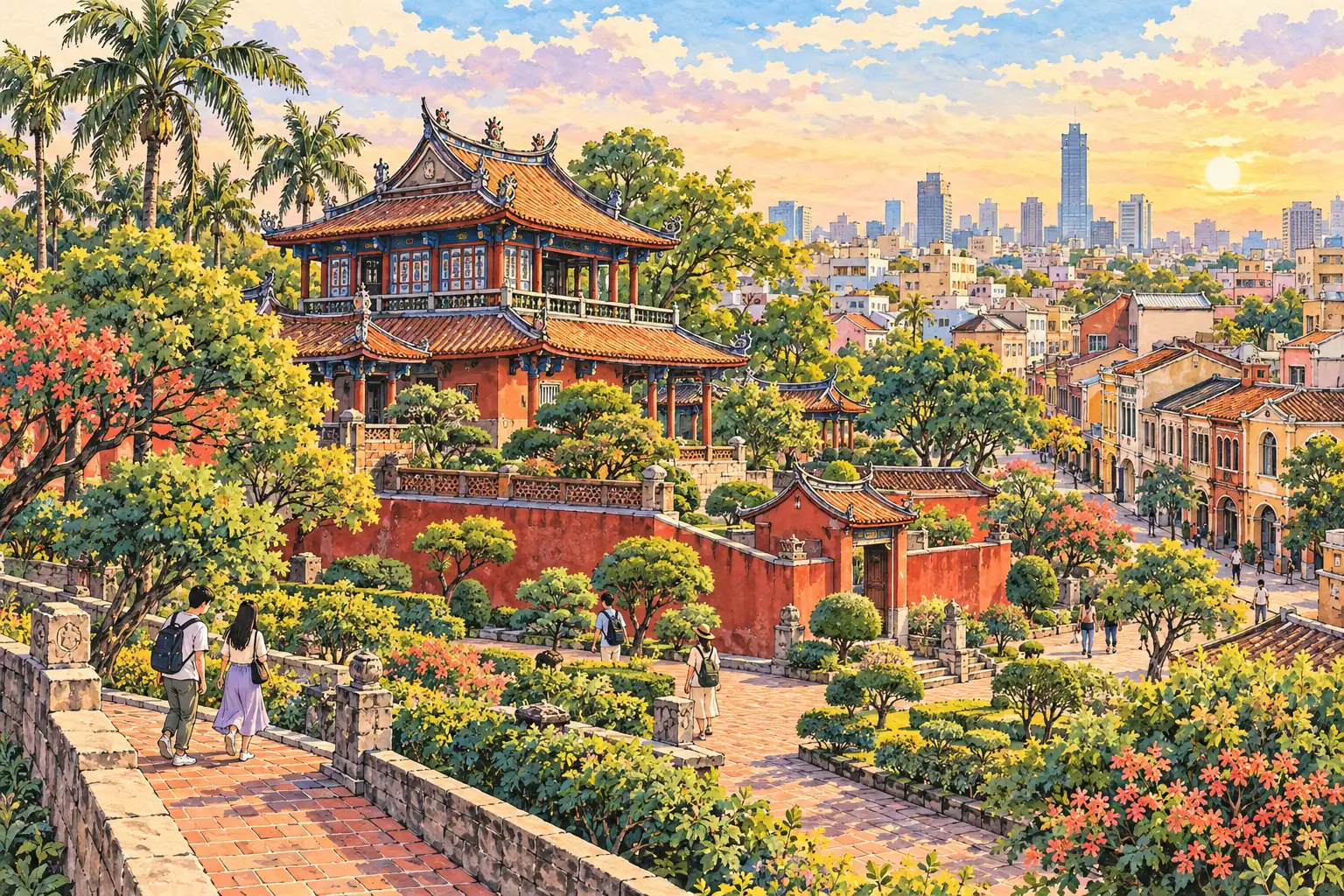 A hand-drawn view of Tainan’s red-walled Chihkan Tower complex beside historic streets and young adults walking through the garden.