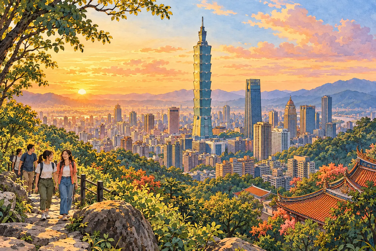 A hand-drawn Taipei skyline with Taipei 101, green hills and young adults on a hillside path.