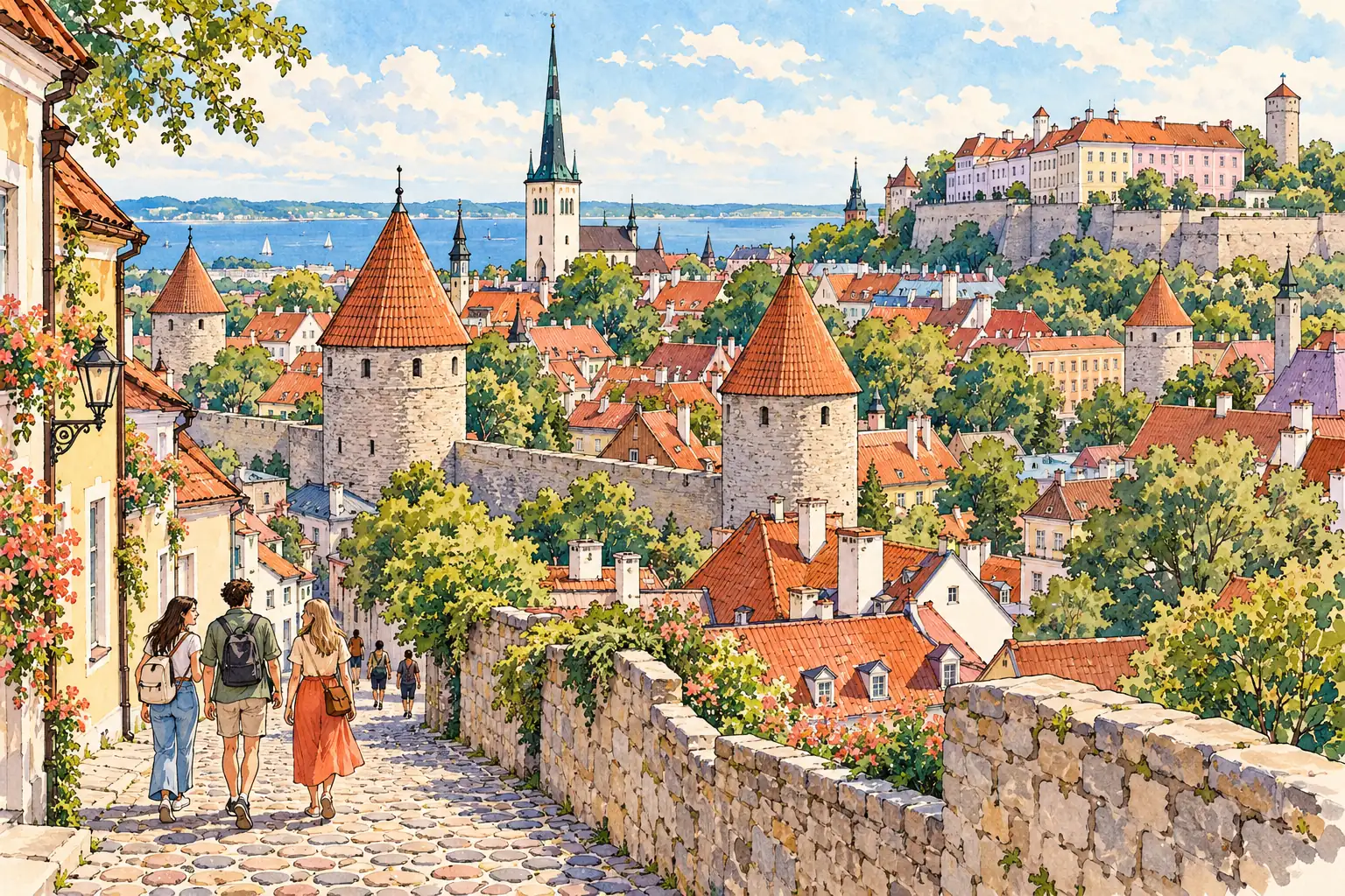 Young adults walk through Tallinn’s walled Old Town, with red roofs and Toompea Castle above.