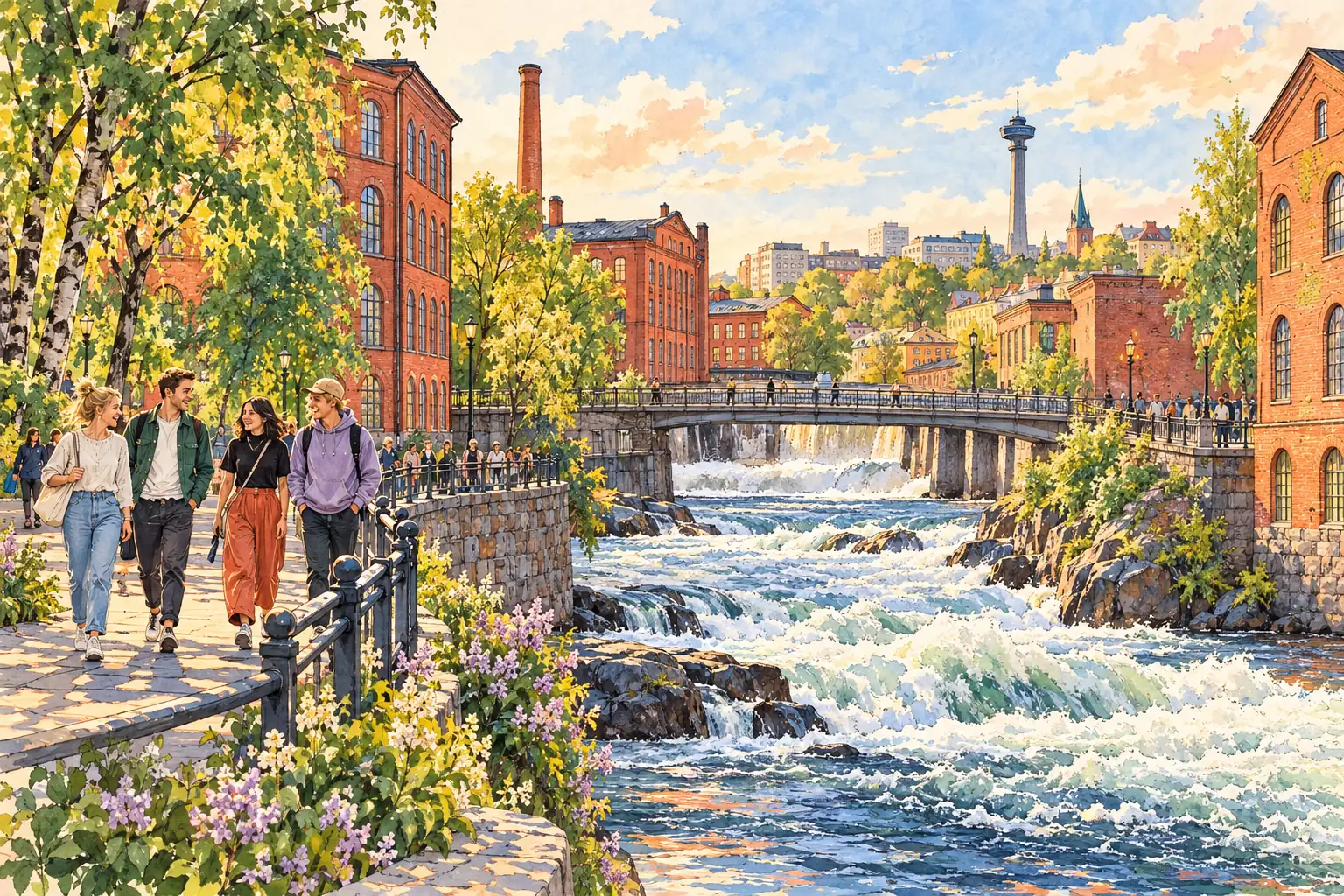 A hand-drawn view of Tampere’s Tammerkoski rapids between red-brick mill buildings, with young adults walking along the river.