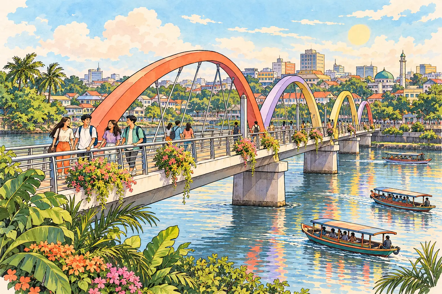 A hand-drawn view of the Berendeng Bridge across Tangerang’s Cisadane River, with young adults walking together.