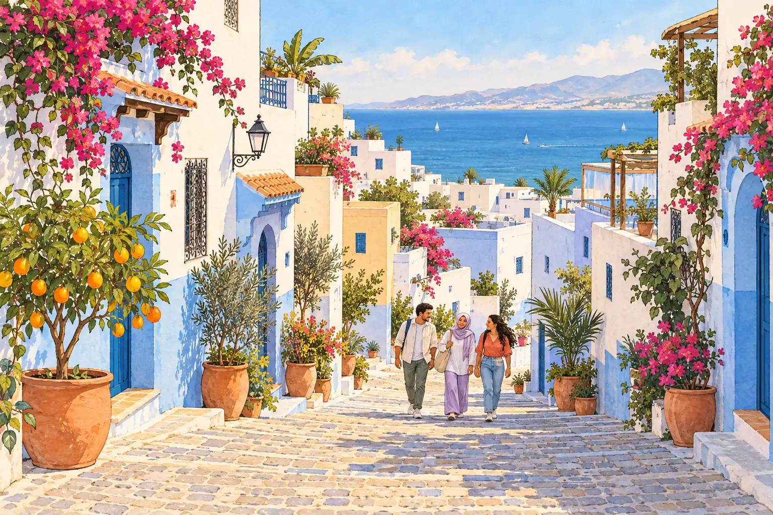 A hand-drawn Tangier coastal lane with young adults walking between whitewashed buildings toward the sea.