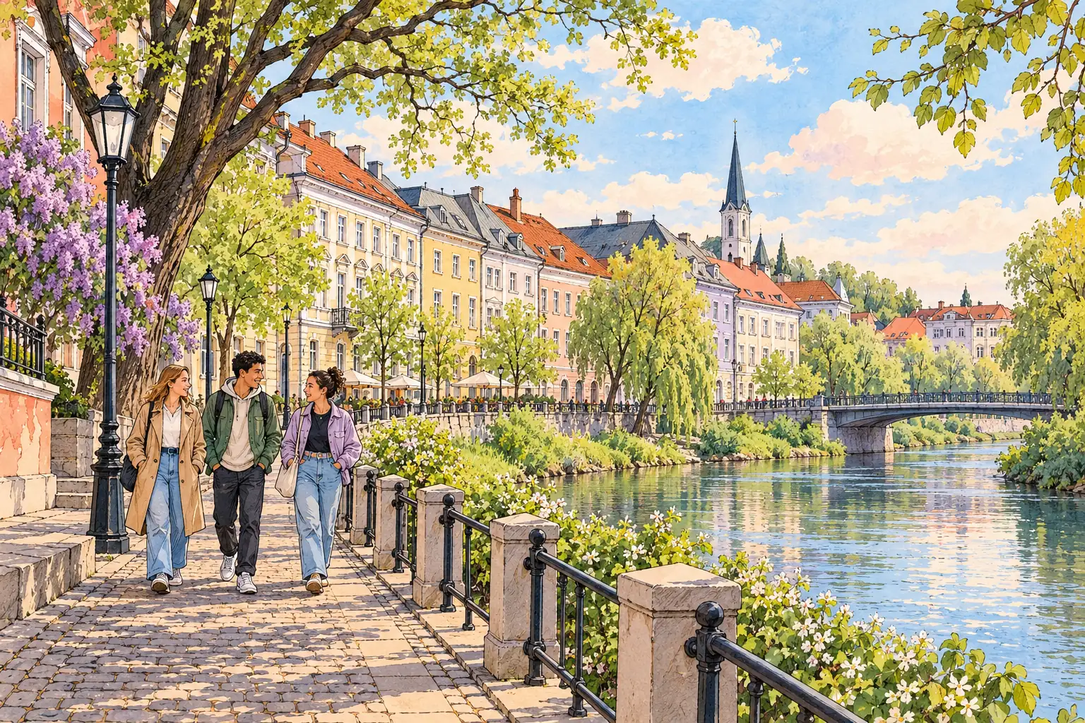 A hand-drawn Tartu riverside with pastel historic facades, leafy trees and young adults walking together.