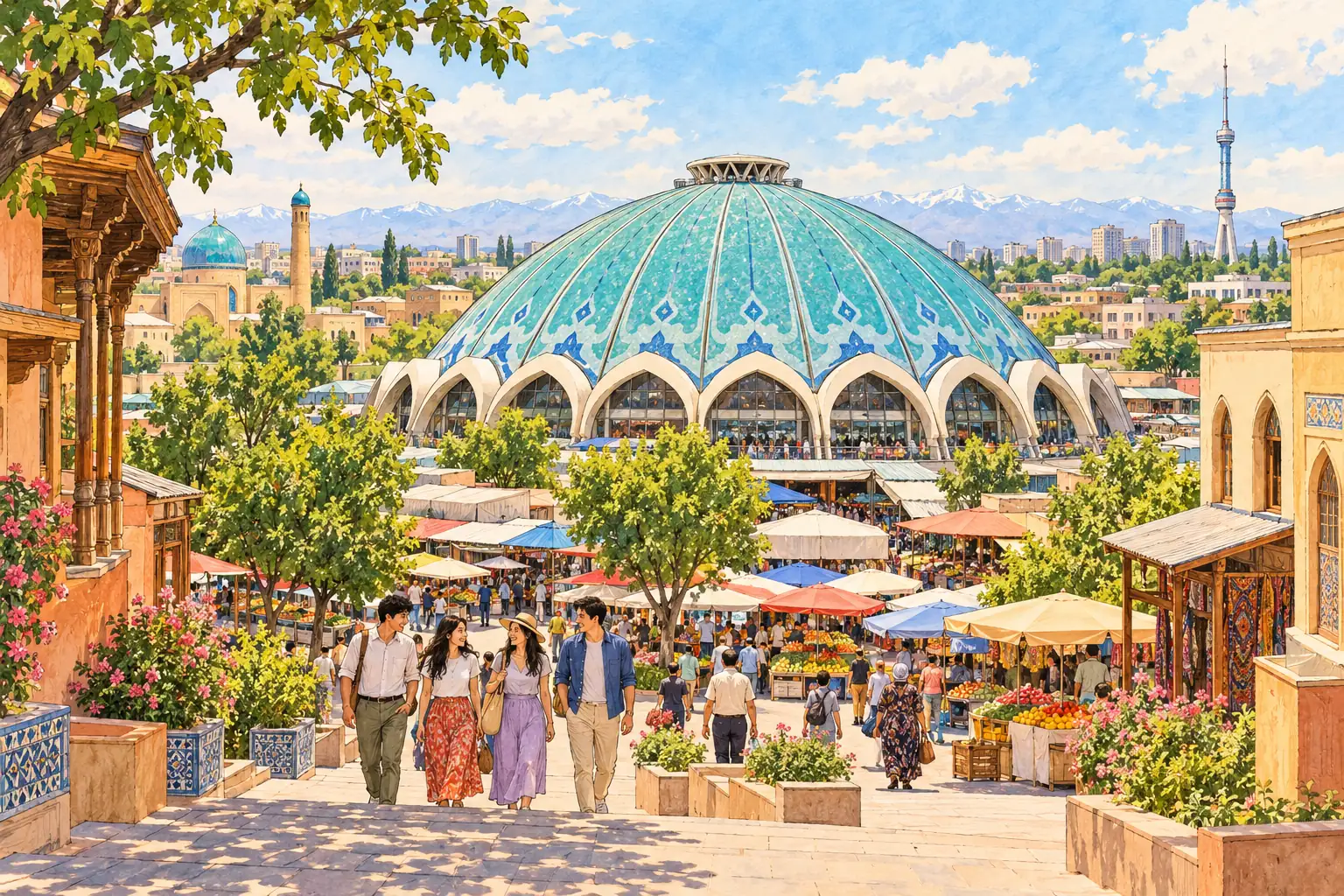 A hand-drawn view of Tashkent’s Chorsu Bazaar, with young adults among the Old Town market streets.