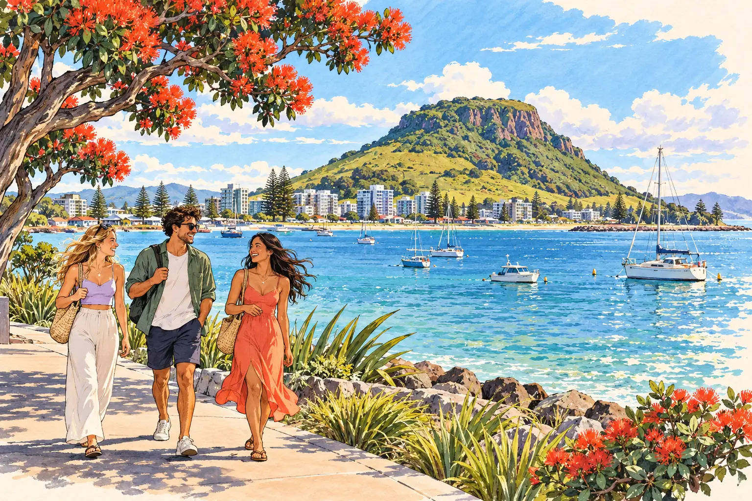 A hand-drawn view of Tauranga, with local streets, greenery and young adults together.