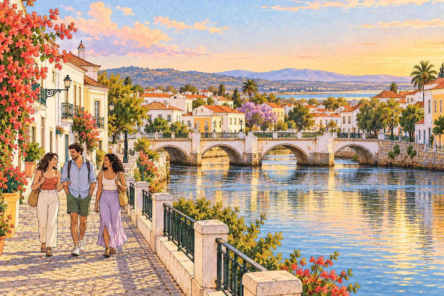 A hand-drawn view of Tavira, with local streets, greenery and young adults together.