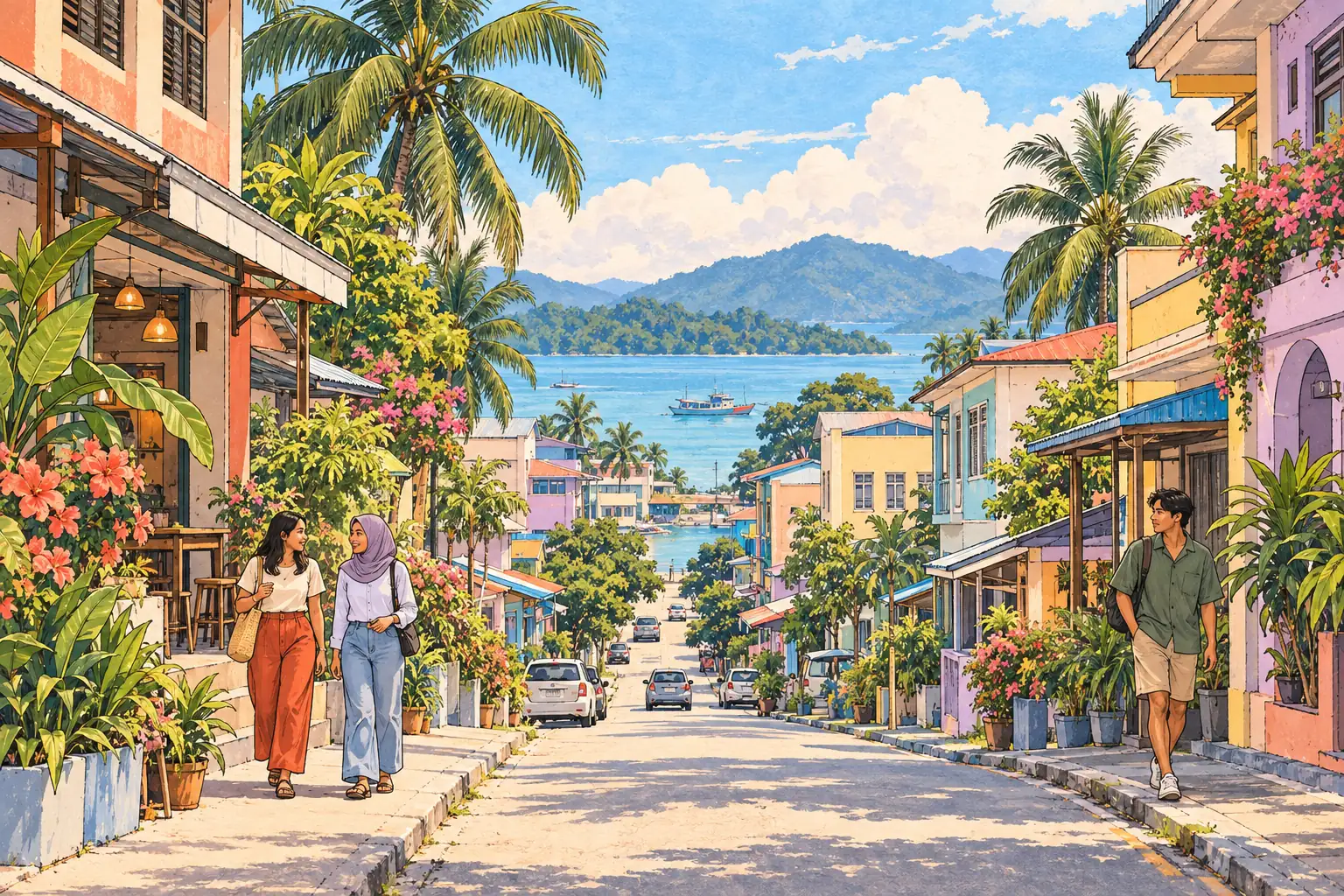 A hand-drawn view of Tawau, with local streets, greenery and young adults together.
