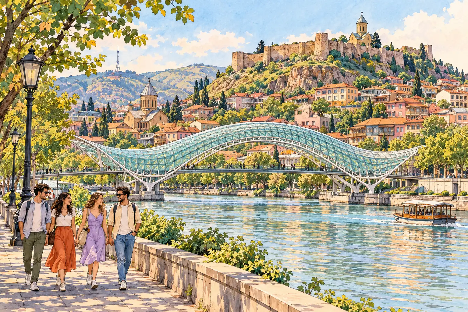 A hand-drawn view of Tbilisi’s Bridge of Peace across the Mtkvari River, with the old town and Narikala Fortress behind it.